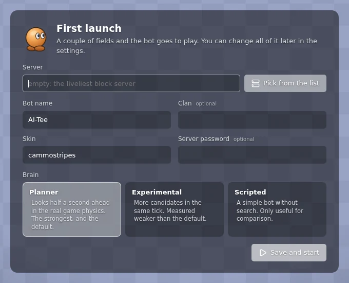 First launch: server, name, clan and skin
