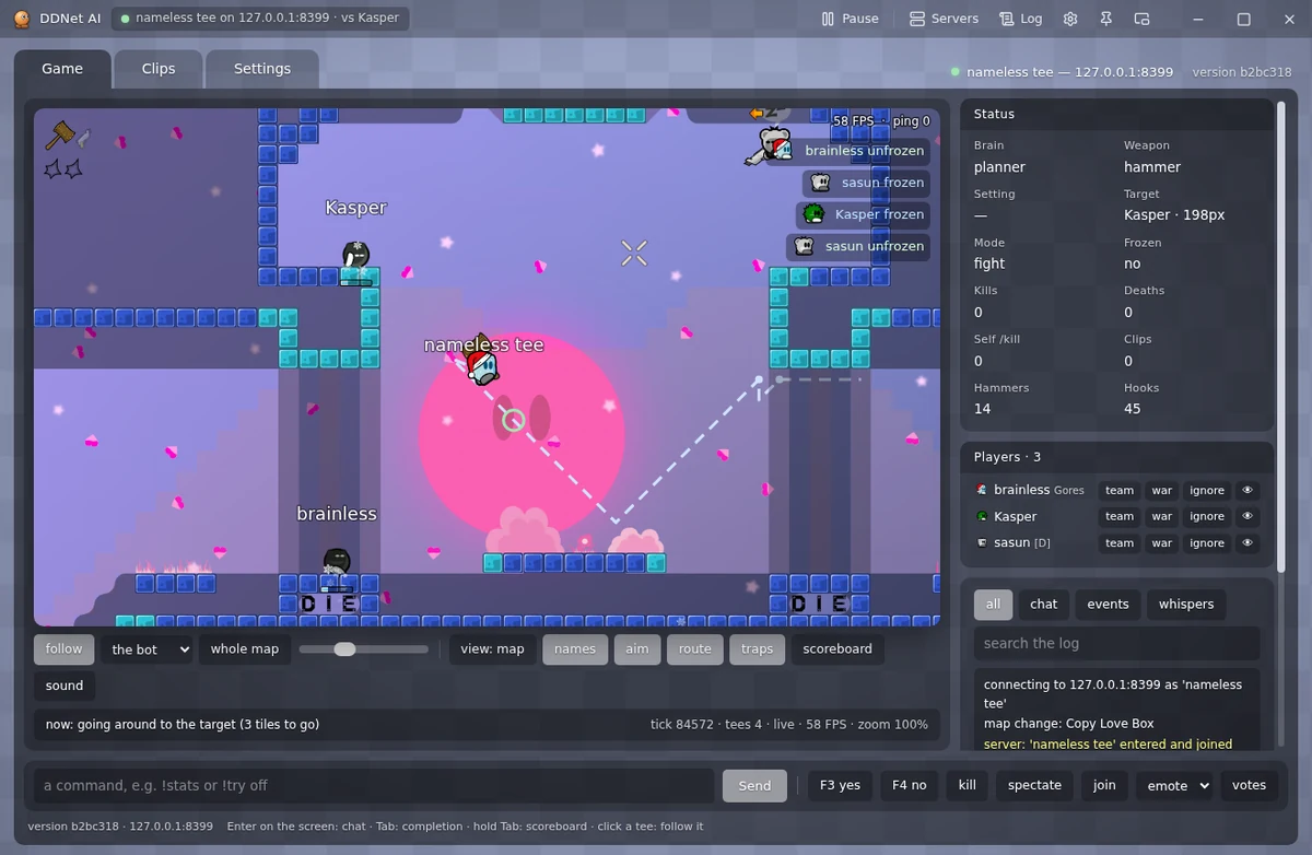 The DDNet AI window: the bot fighting on Copy Love Box, with status and players on the right