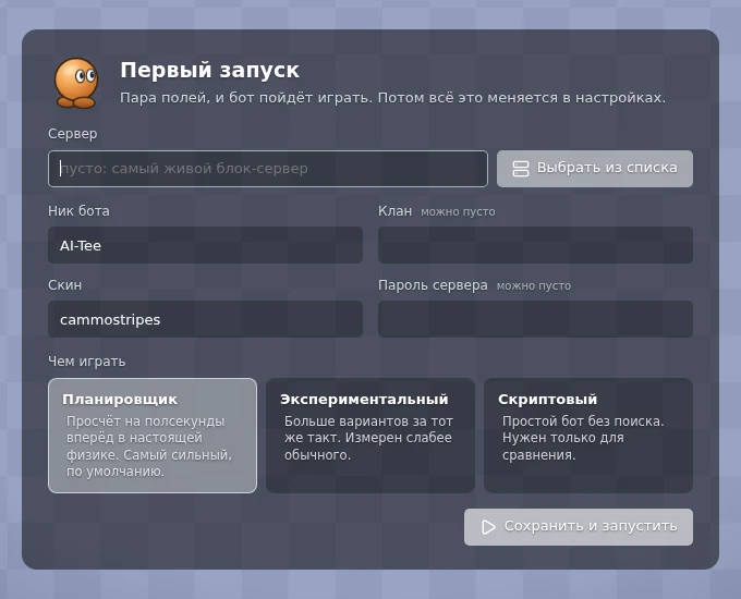 Первый запуск: сервер, ник, клан и скин